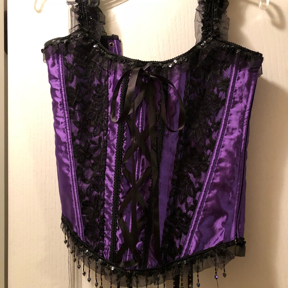 Handmade UK corset purple black beaded steampunk